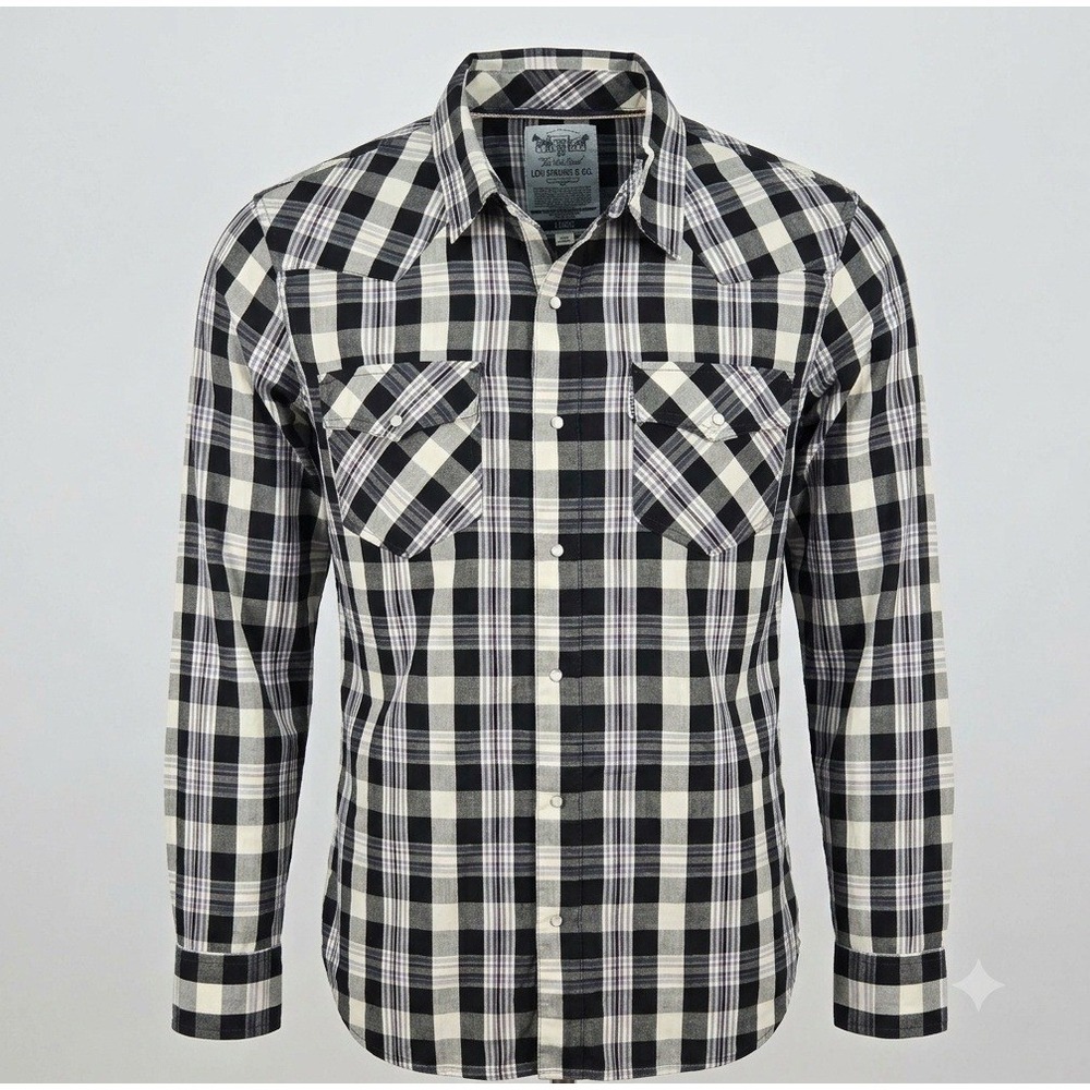 Levi's‎ Mens Western Shirt Large Plaid Pearl Snap Black White Long Sleeve